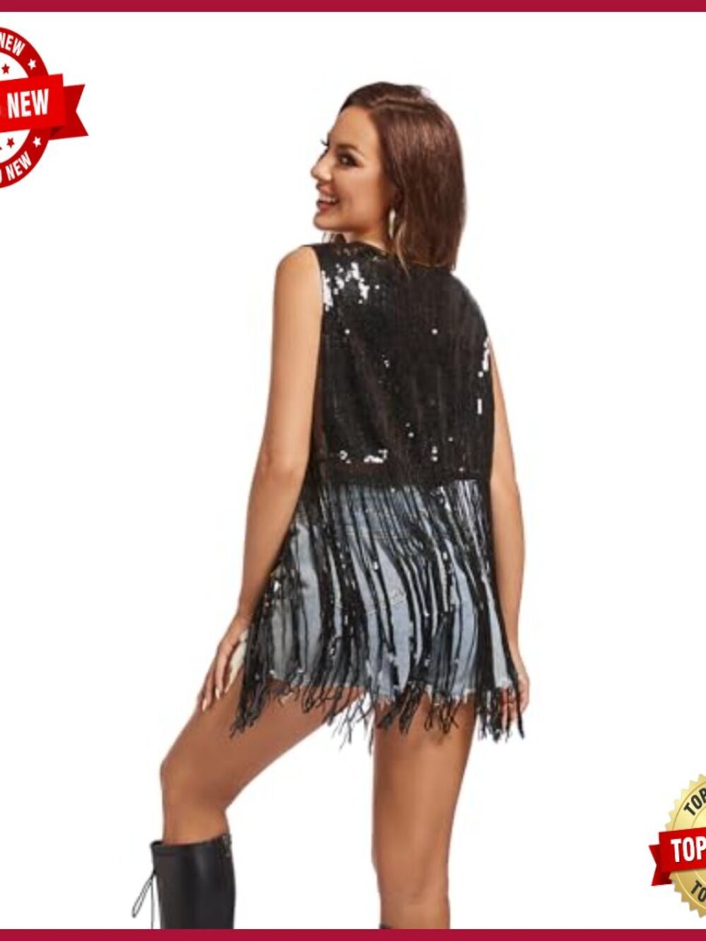 Sequin Fringe Vest Sleeveless Open Front Tassel Jacket Party Top - Picture 4 of 5